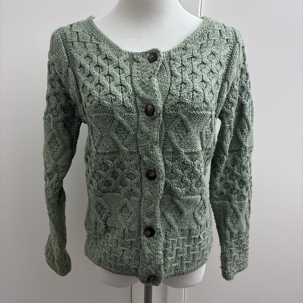 Inis Crafts Womens Small Cardigan Green Merino‎ Wool Aran Chunky Cable Ireland